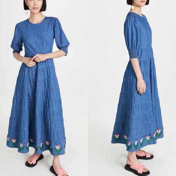 RIXO Kristen Tiered Embroidered Chambray Denim Maxi Dress Size US 6 - Picture 10 of 14